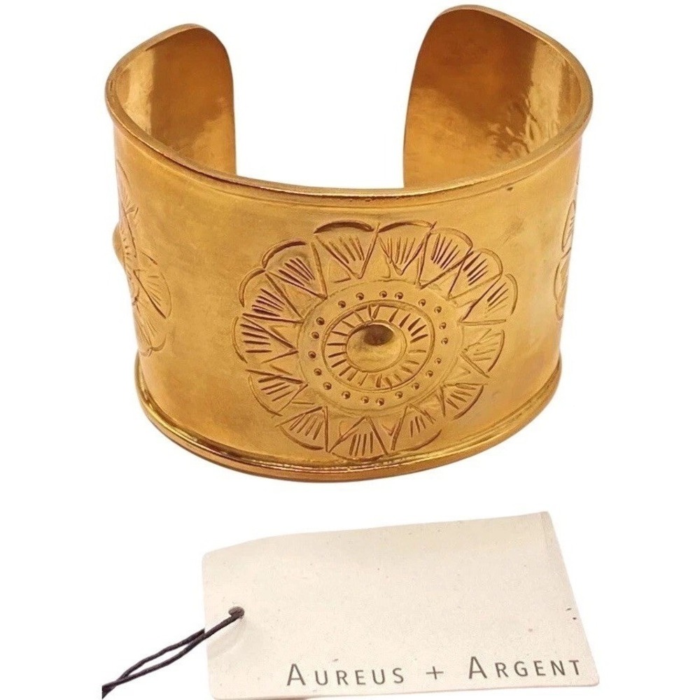 Aureus Argent Gold Tone Wide Cuff Statement Bracelet Floral Etched Boho Chunky